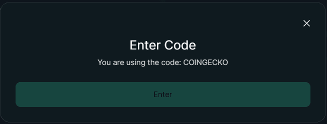 The Enter Code dialog on Hyperliquid's Referrals page reading "You are using the code: COINGECKO", with Enter grayed out